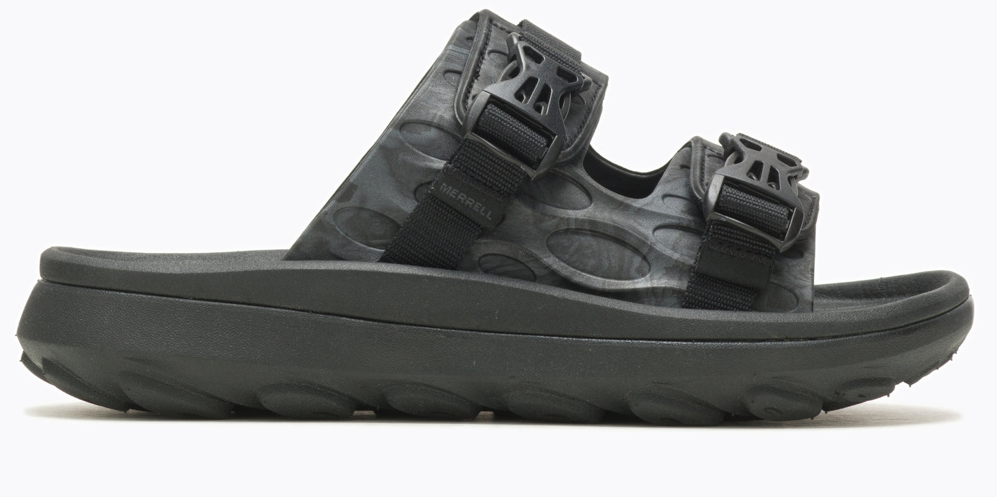 Black sandal with adjustable straps and buckle closures.
