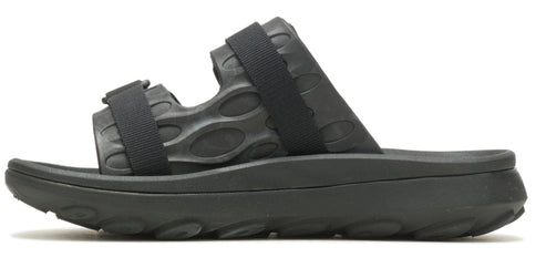 Black sandal with two straps and a thick sole.