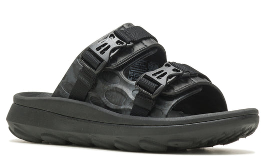 A black slide sandal featuring two straps with adjustable buckles.