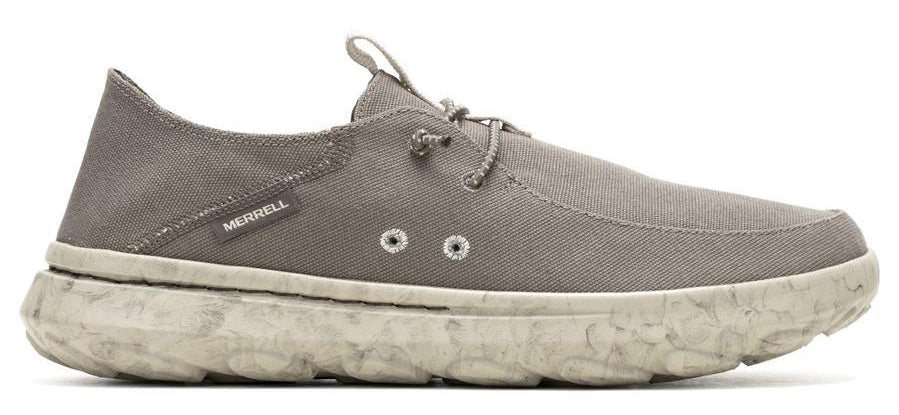 A gray boat shoe with a white sole and two eyelets.