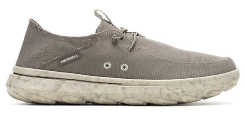 A gray boat shoe with a white sole and two eyelets.