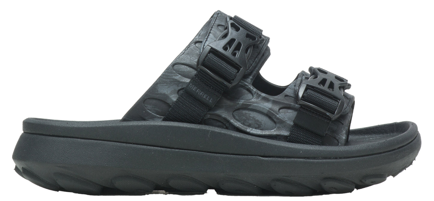 Black sandal with two straps and buckle closures.