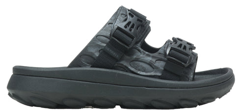 Black sandal with two straps and buckle closures.