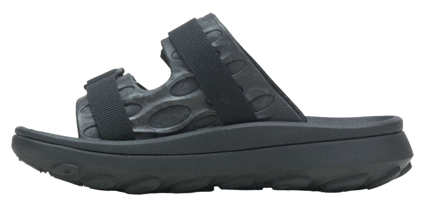 Black sandal with two straps.