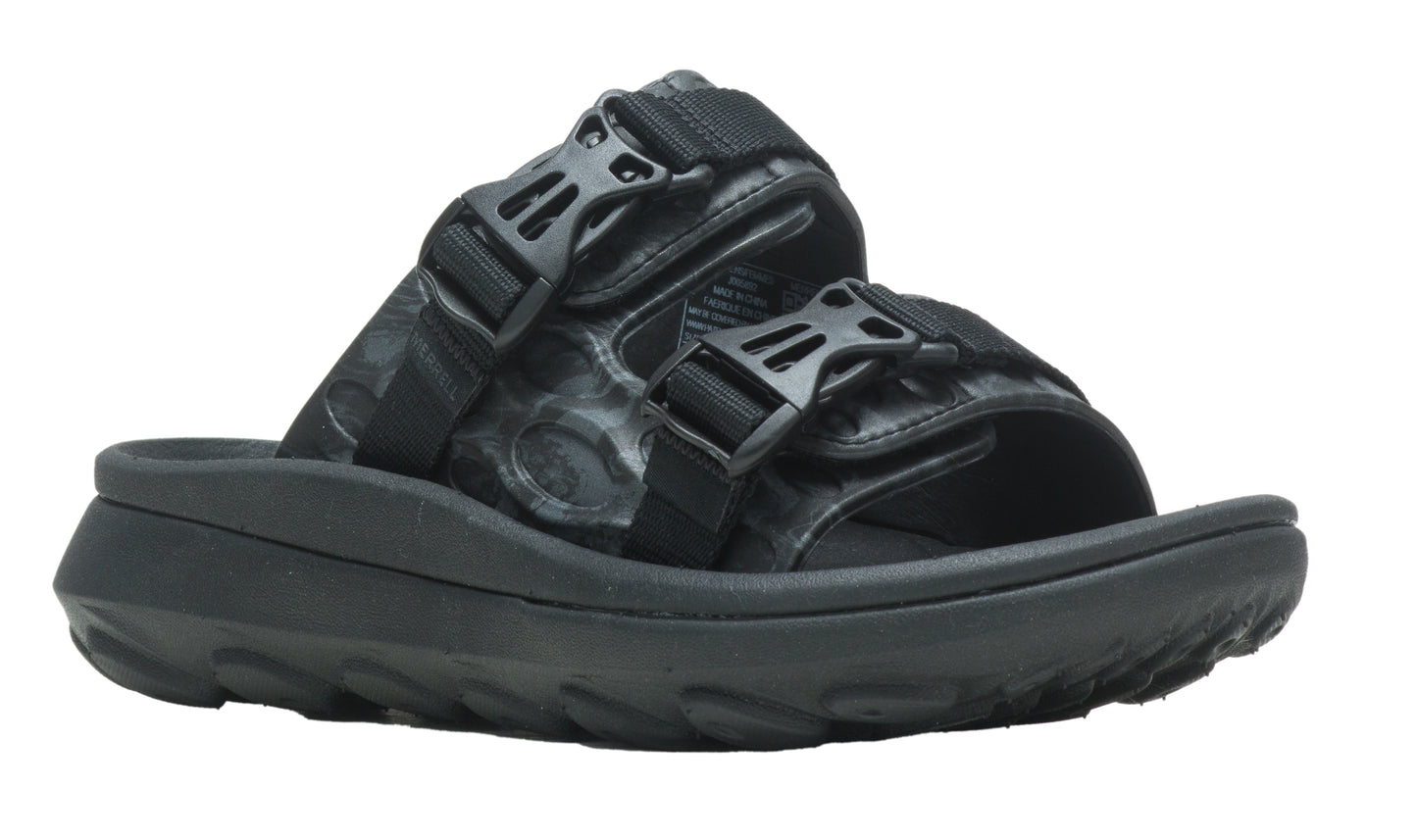 Black slide sandal with two adjustable buckle straps.