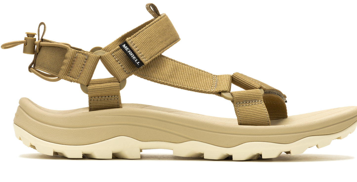 Tan sandal with adjustable straps and a white sole, text "MERRELL" is seen.