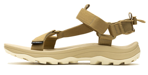Side view of beige sandal with fabric straps and a beige and white sole.