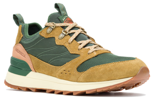 Low-rise hiking shoe with brown suede overlays, green mesh panels, metal lace hoops, and cream-colored sole.