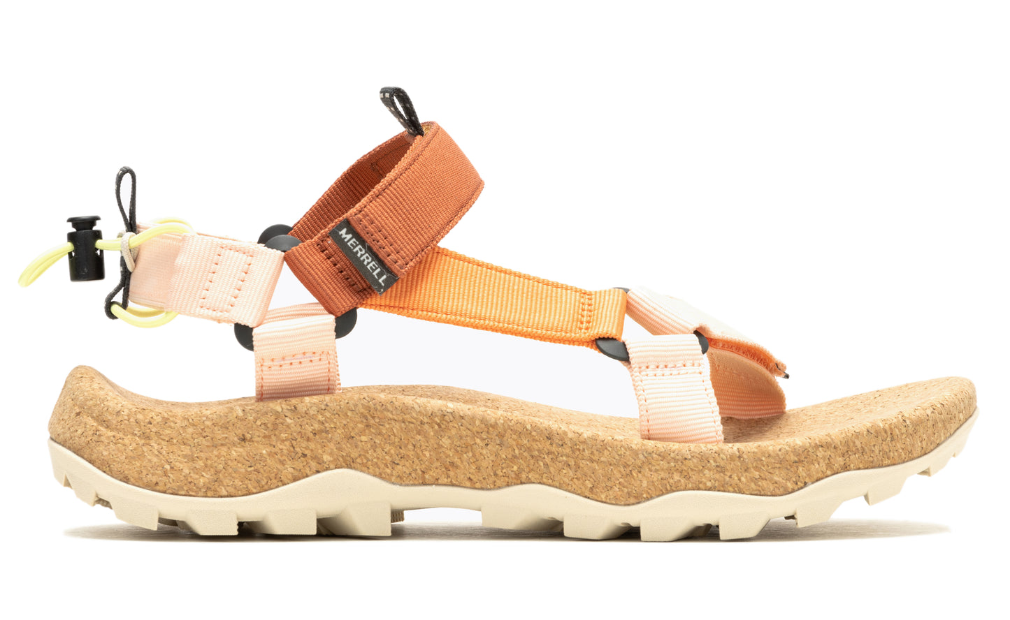 A sandal with peach, tan, and orange straps over a cork footbed and cream sole.
