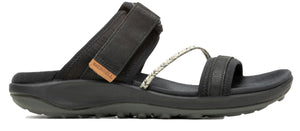 A black sandal with straps.