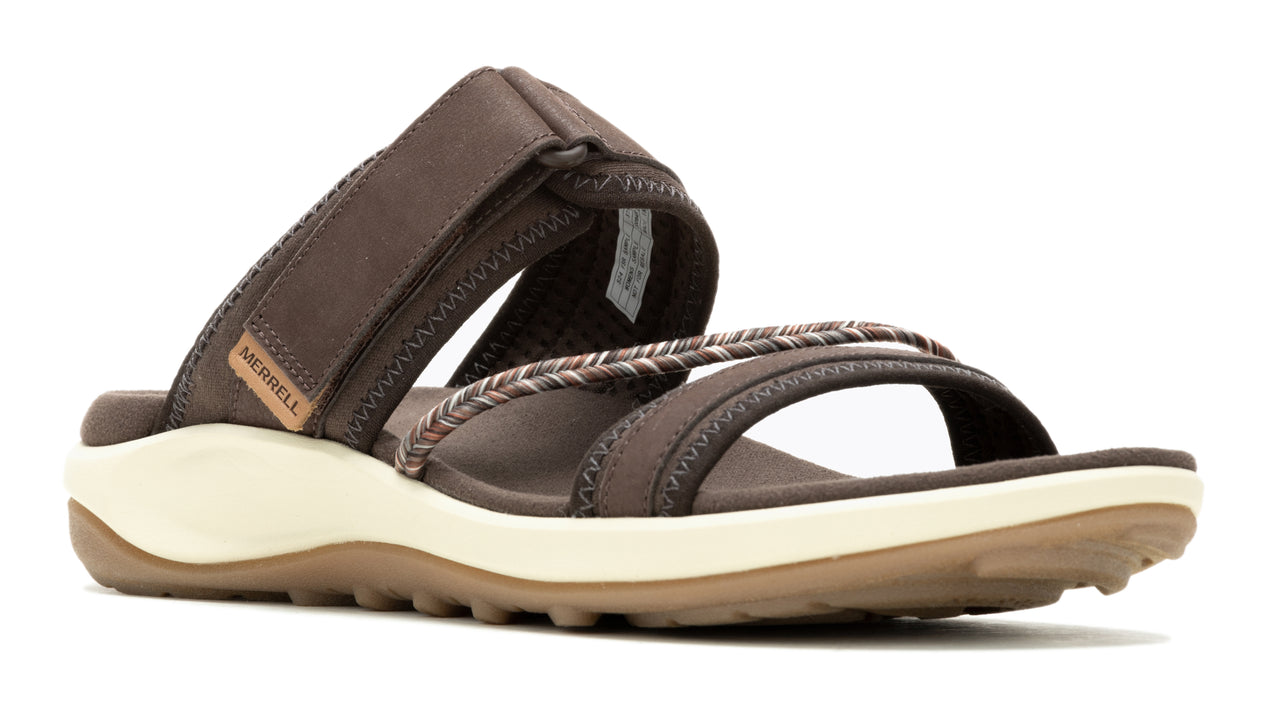 Brown sandal with woven straps and a thick, light-colored sole.