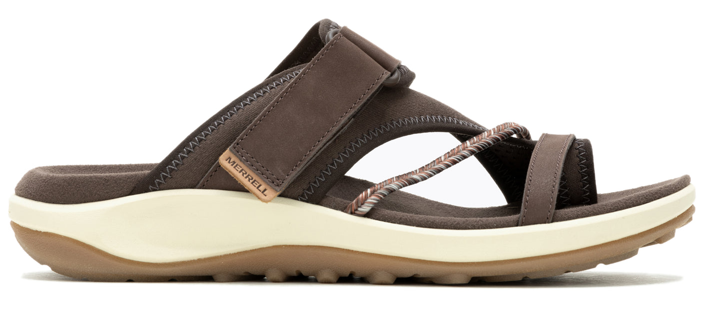 a brown sandal with hook and loop fasteners