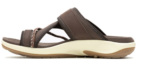 A brown sandal with multiple straps, and a cream-colored sole.