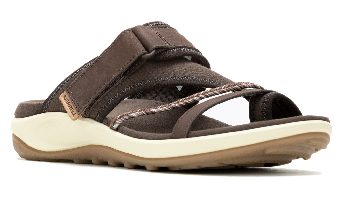 Brown sandal with multi straps and textured sole.
