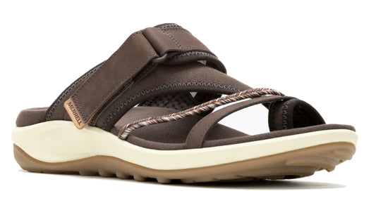 Brown sandal with multi straps and textured sole.