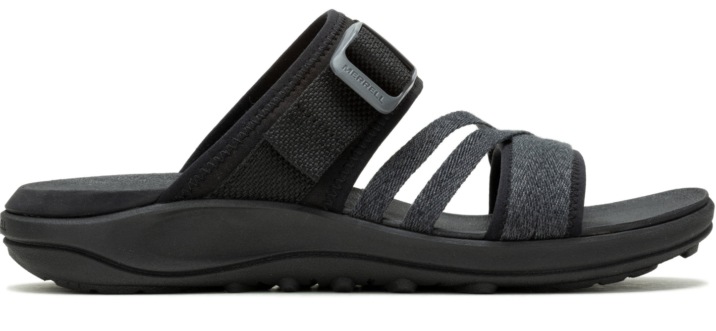 Black slide sandal with three gray straps and an adjustable velcro strap.