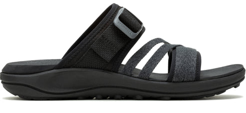 Black slide sandal with three gray straps and an adjustable velcro strap.