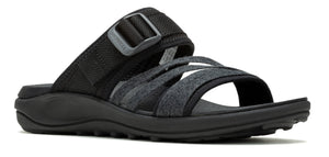 A black sandal with multiple straps, one velcro and one adjustable.