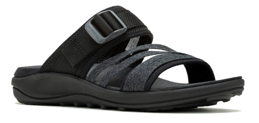 A black sandal with multiple straps, one velcro and one adjustable.