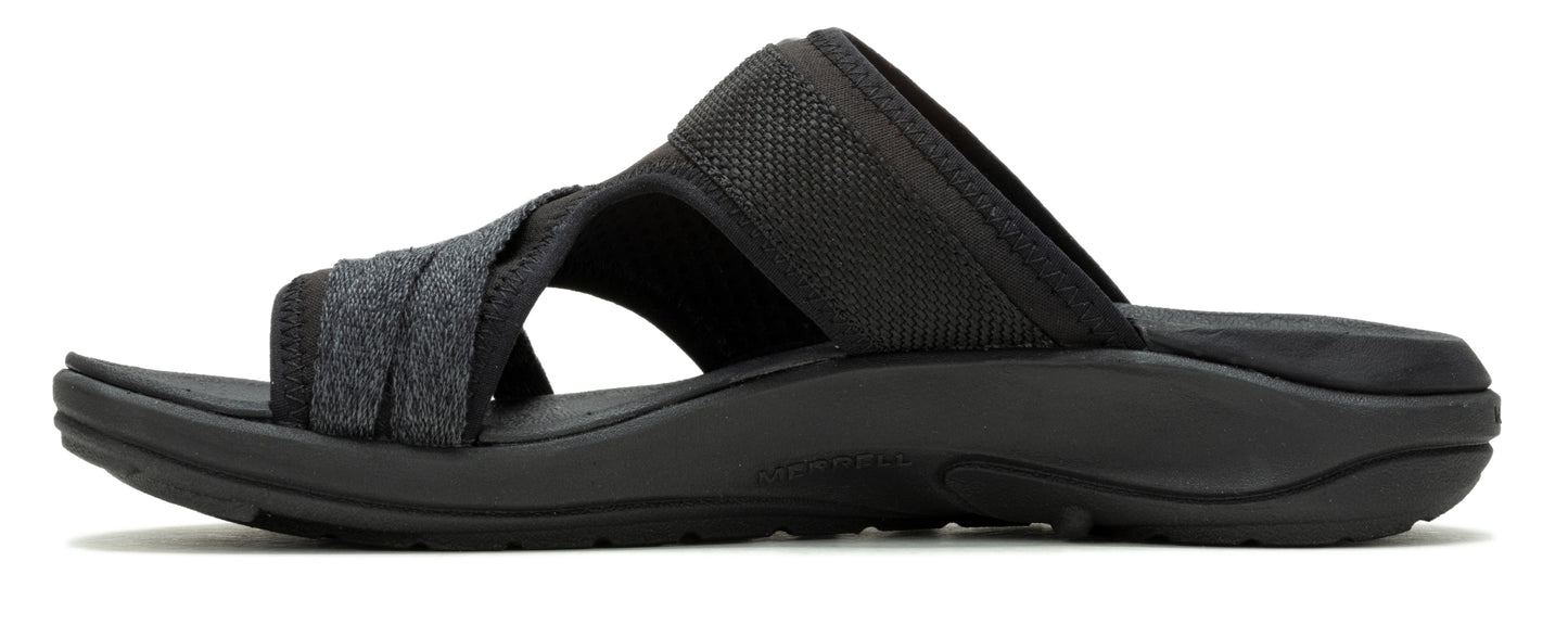 Black slide sandal with criss-cross straps.