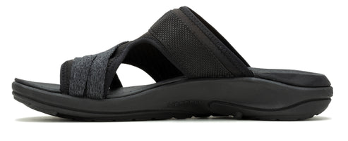 Black slide sandal with criss-cross straps.