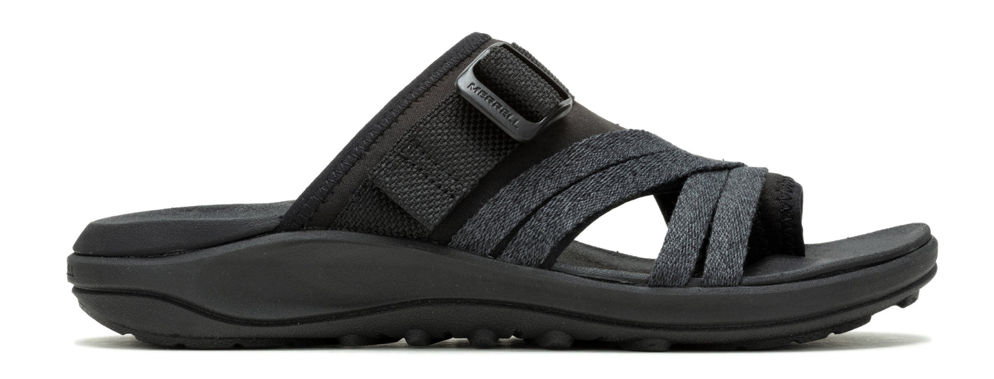 A black sandal with multiple straps.