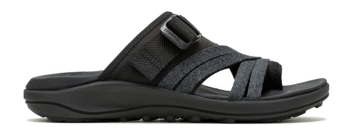 A black sandal with multiple straps.