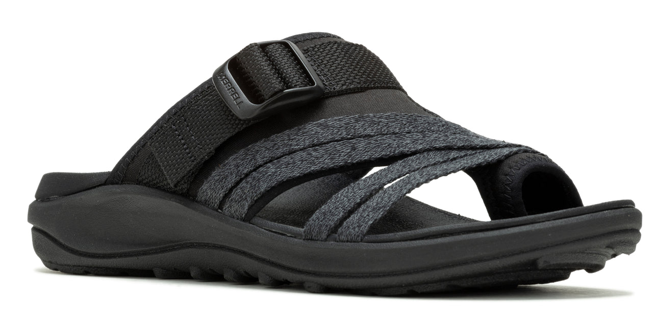A black sandal with multiple straps.