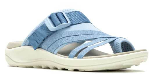 A blue sandal with straps and a buckle.