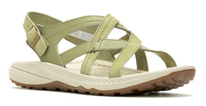Green sandal with multiple straps, buckle, and brown sole.