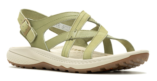 Green sandal with multiple straps, buckle, and brown sole.