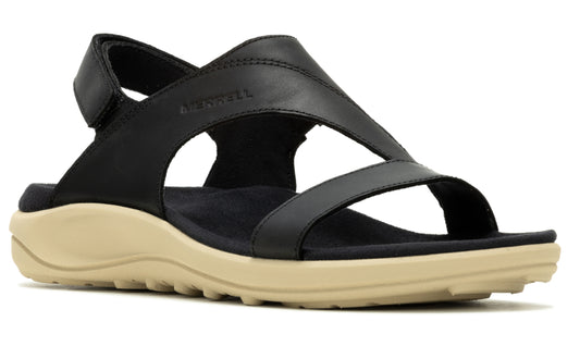 Black leather sandal with a beige sole and adjustable velcro heel strap.