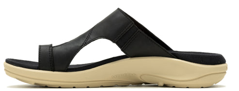 A black slide sandal with a tan sole.