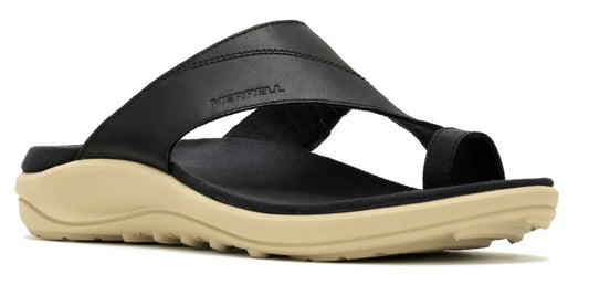 Black leather sandal with a toe loop and beige sole.
