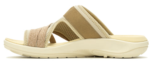 Beige sandal with a thick sole and two cloth straps.