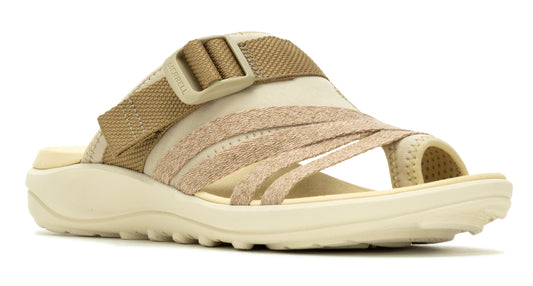 Tan slide sandal with beige straps and adjustable buckle.