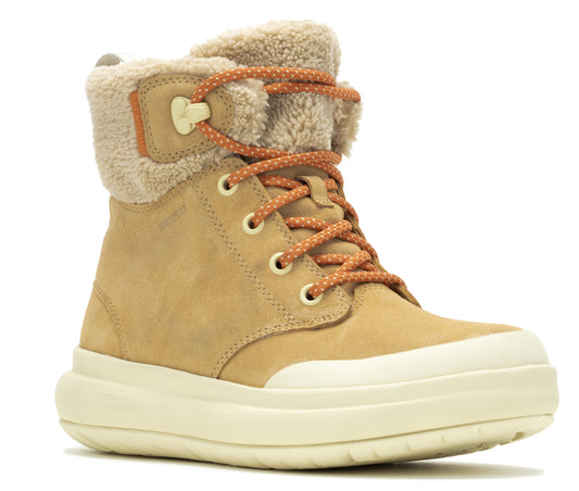 Tan ankle boot with a white sole, faux fur trim and orange laces.