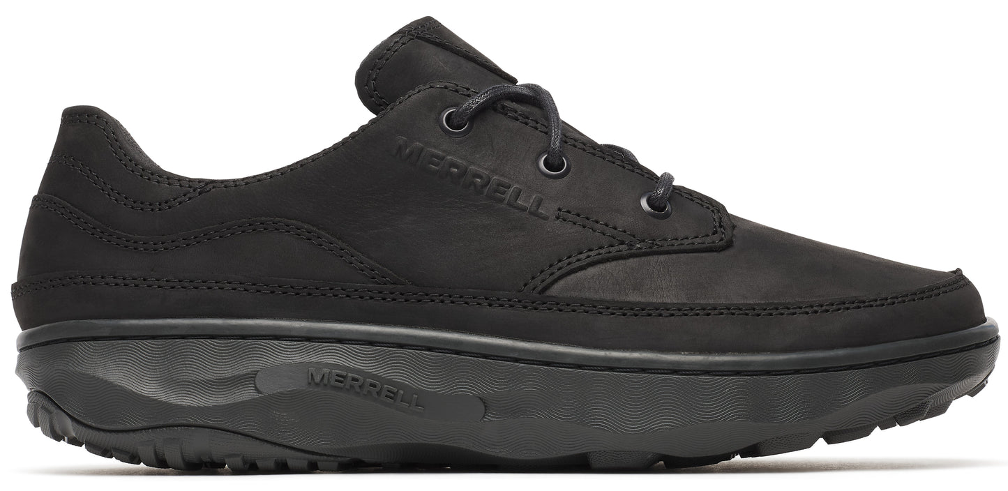 Black leather shoe with round laces and a thick sole.