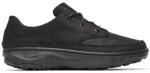 Black leather shoe with round laces and a thick sole.