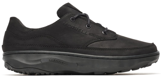 Black leather shoe with round laces and a thick sole.