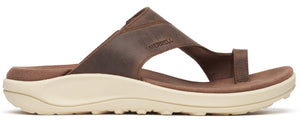 A brown leather sandal with a toe loop and a thick beige sole.