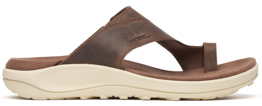 A brown leather sandal with a toe loop and a thick beige sole.