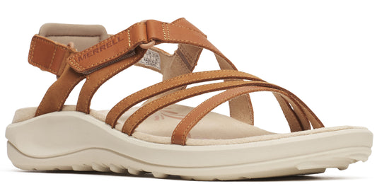A tan sandal with multiple straps and a thick, light colored sole.
