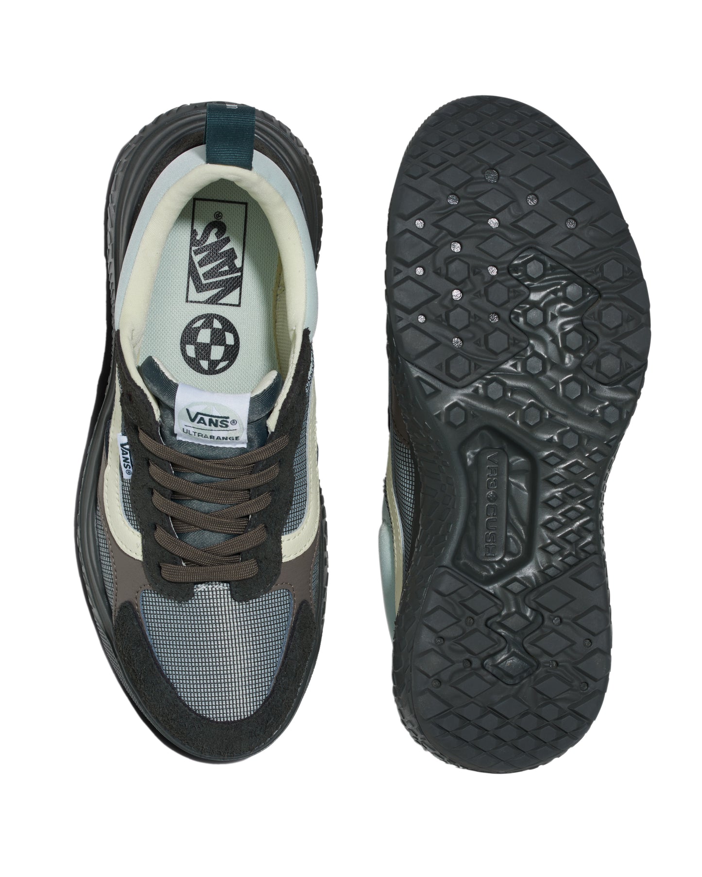 Two views of a gray, dark-green, and off-white athletic shoe with brown laces, cream inner lining, black sole, a dark-green loop at the heel, and the word "VANS" on the inner sole.