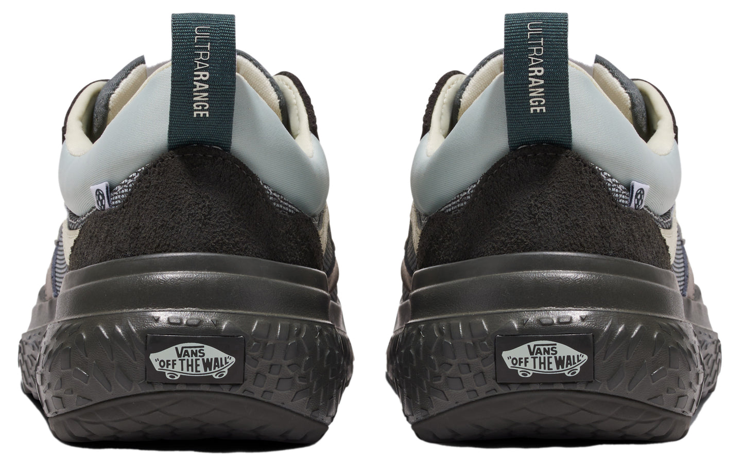 The rear view of two sneakers featuring an UltraRange loop, a gray heel, a treaded black sole and a "VANS OFF THE WALL" label.