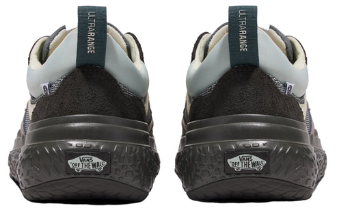 The rear view of two sneakers featuring an UltraRange loop, a gray heel, a treaded black sole and a "VANS OFF THE WALL" label.
