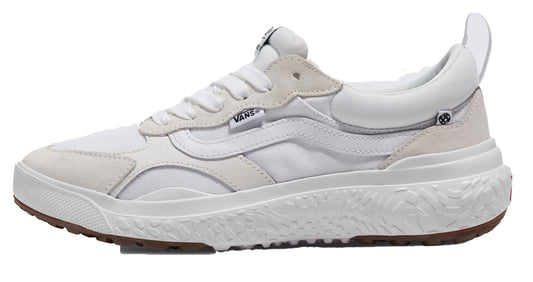 A white low-rise sneaker with gum sole, laces, and white Vans logo.