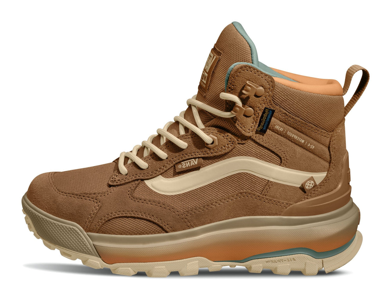 Tan high top hiking shoe with white laces and side stripe, and aqua and peach accents.