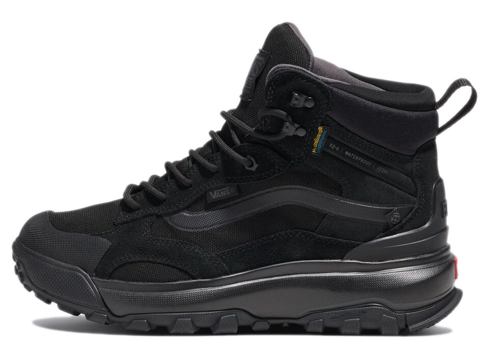 Black high-top hiking boot with lug sole, black laces, and side logo stripe.