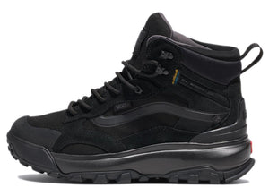 Black high-top hiking boot with lug sole, black laces, and side logo stripe.